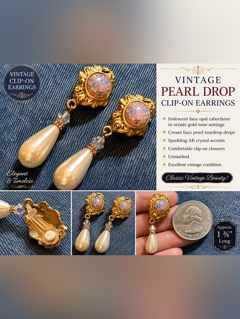 Vintage Gold-Tone Faux Pearl Drop Clip-On Earrings with Iridescent Cabochon